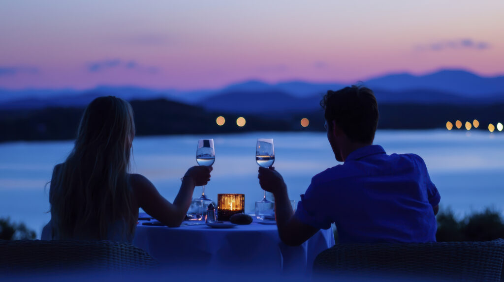 romantic dinner by lake at sunset, with couple toasting with wine glasses