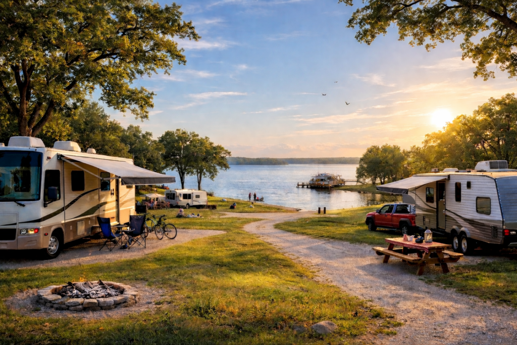 lakeside rv park at sunset